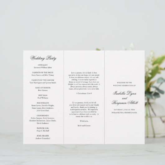 Traditionelles Schwarz-Weiß-Hochzeitsprogramm (Stehend Vorderseite)