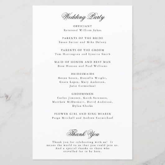 Traditionelles Schwarz-Weiß-Hochzeitsprogramm (Rückseite)