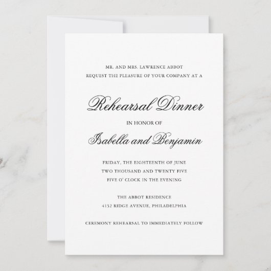 Traditionelles Schwarz-Weiß-Probe-Dinner Einladung (Vorderseite)