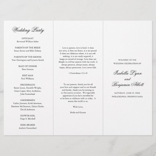 Traditionelles schwarz-weißes Hochzeitsprogramm (Vorderseite)