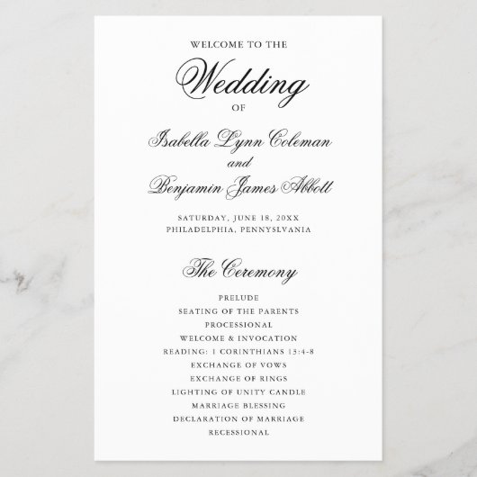 Traditionelles schwarz-weißes Hochzeitsprogramm (Vorne)