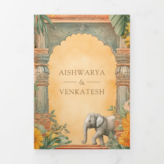 Traditionelles südindisches Foto QR Code Hochzeit Dreifach Gefaltete Einladung (Cover)