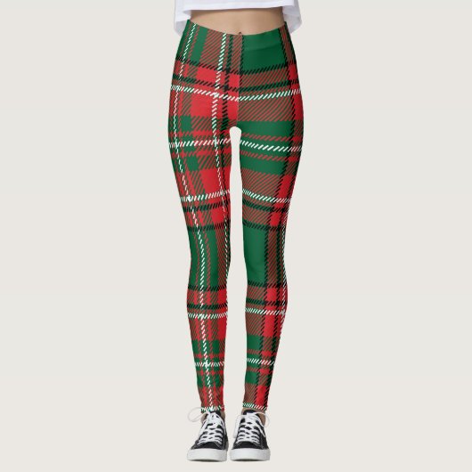 Traditionelles Tartan: kariertes rot-grünes Muster Leggings (Vorderseite)