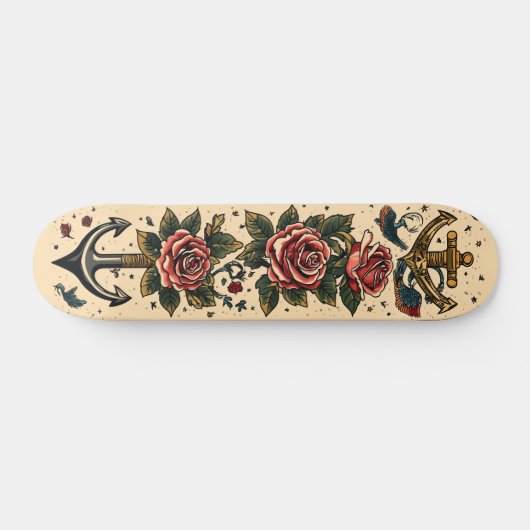Traditionelles Tattoo-Design, Ankern, Rose & Schwa Skateboard (Horizontal)