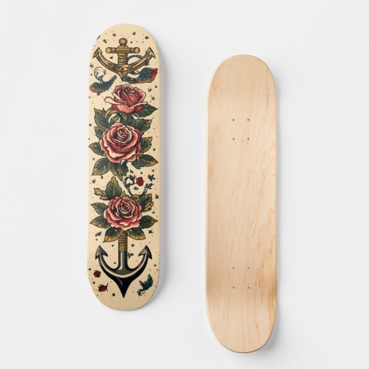 Traditionelles Tattoo-Design, Ankern, Rose & Schwa Skateboard (Vorderseite)