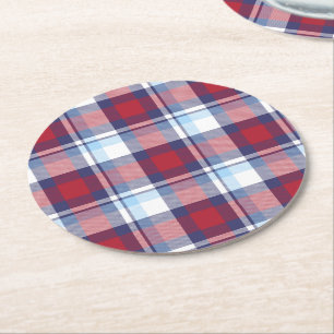 Traditionelles USA Rot Weiß Blau Tartan Muster Runder Pappuntersetzer