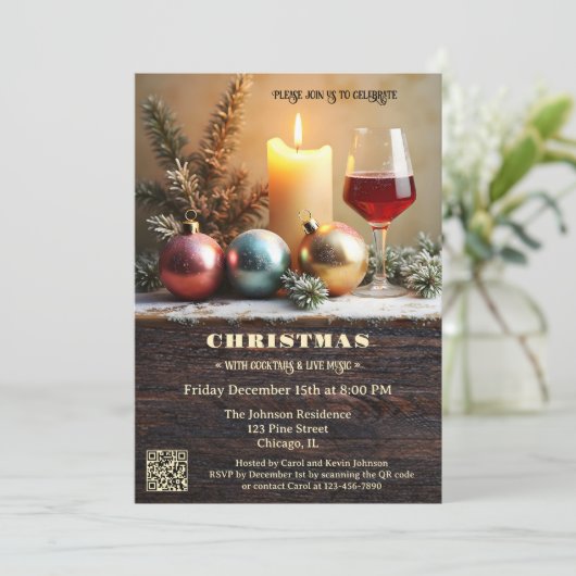 Traditionelles Weihnachtsessen mit Wein und Kerzen Einladung (Stehend Vorderseite)