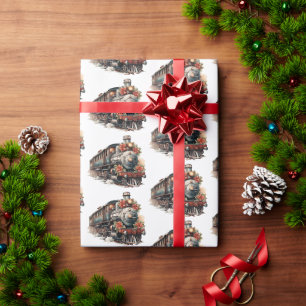 Traditionelles Weihnachtsmuster mit Dampflok Geschenkpapier