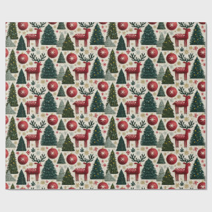 Traditionelles Weihnachtsrentier-Baum-Muster Geschenkpapier