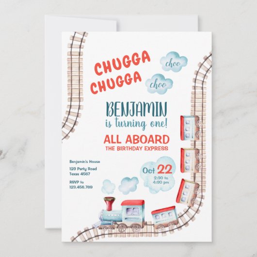 Train Birthday Invite Boy Chugga Choo Bahn Party Einladung (Vorderseite)