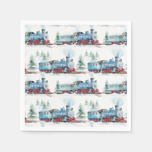 Train Birthday Party Baby Dusche Wasserfarbe Blau Serviette (Vorderseite)