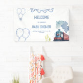 Train Blue Balloons Boy Whimsical Baby Shower Banner (Insitu)