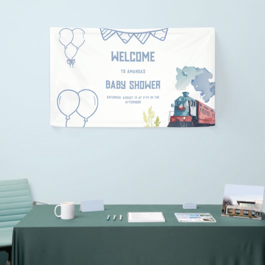 Train Blue Balloons Boy Whimsical Baby Shower Banner (Messeveranstaltung)