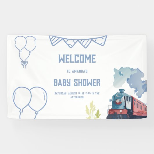 Train Blue Balloons Boy Whimsical Baby Shower Banner (Horizontal)