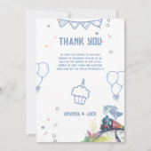 Train Blue Balloons Boy Whimsical Baby Shower Dankeskarte (Vorderseite)