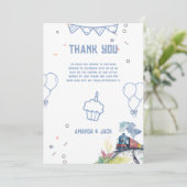 Train Blue Balloons Boy Whimsical Baby Shower Dankeskarte (Stehend Vorderseite)