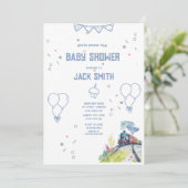 Train Blue Balloons Boy Whimsical Baby Shower Einladung (Stehend Vorderseite)