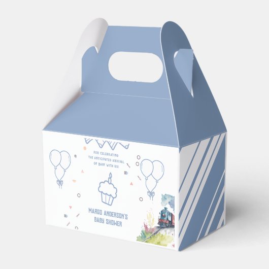 Train Blue Balloons Boy Whimsical Baby Shower Geschenkschachtel (Rückseite)