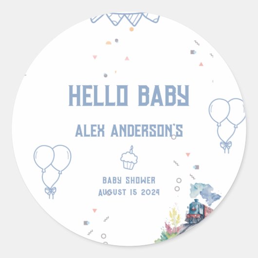 Train Blue Balloons Boy Whimsical Baby Shower Runder Aufkleber (Vorderseite)