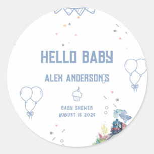 Train Blue Balloons Boy Whimsical Baby Shower Runder Aufkleber