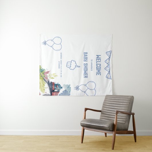 Train Blue Balloons Boy Whimsical Baby Shower Wandteppich (Beispiel (Horizontal))