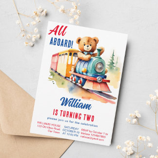 Train Geburtstag niedlicher Teddy-Bär, der Spielze Einladung