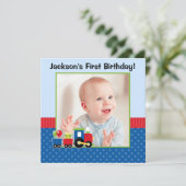 Train Polka Dot 1. Geburtstag Foto Einladung (Stehend Vorderseite)