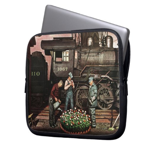 Train Yard Flower Garden von Stevan Dohanos Laptopschutzhülle (Vorderseite Links)