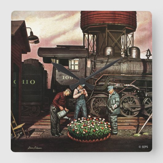 Train Yard Flower Garden von Stevan Dohanos Quadratische Wanduhr (Vorderseite)