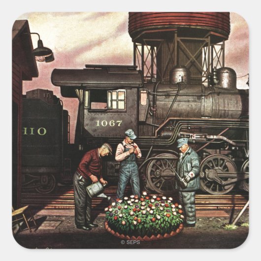 Train Yard Flower Garden von Stevan Dohanos Quadratischer Aufkleber (Vorderseite)