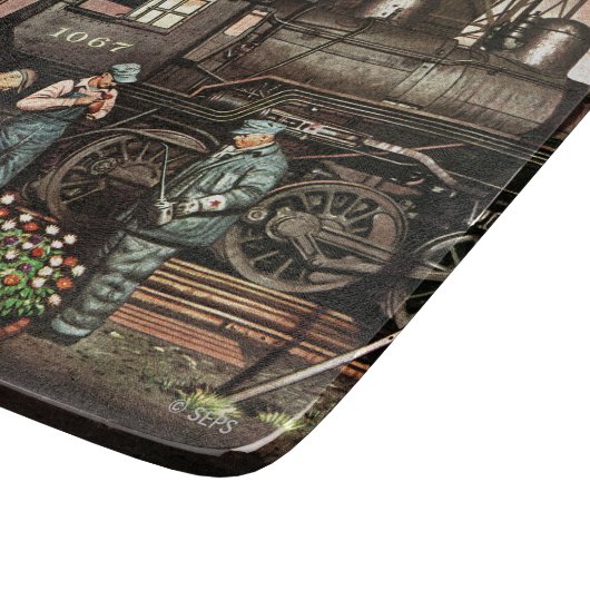 Train Yard Flower Garden von Stevan Dohanos Schneidebrett (Ecke)