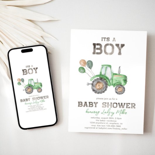 Traktor Baby Dusche Einladung | Grüner Traktor