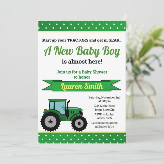 Traktor Baby Shower Einladung Traktor Boy (Stehend Vorderseite)