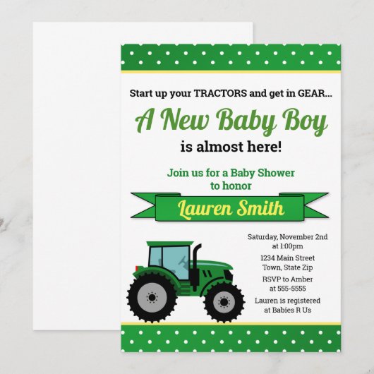 Traktor Baby Shower Einladung Traktor Boy (Vorne/Hinten)