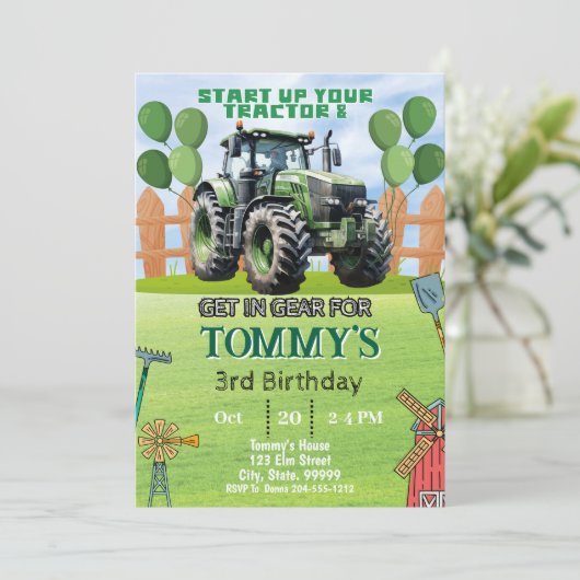 Traktor Birthday Party Einladung (Stehend Vorderseite)