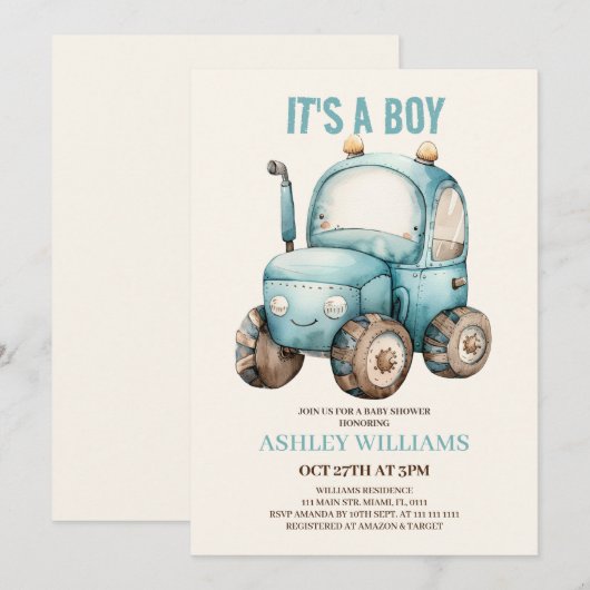 Traktor Boy Blue Baby Dusche Einladung (Vorne/Hinten)