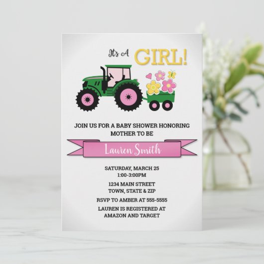 Traktor Girl Babydusche Einladung, rosa Traktor Einladung (Stehend Vorderseite)