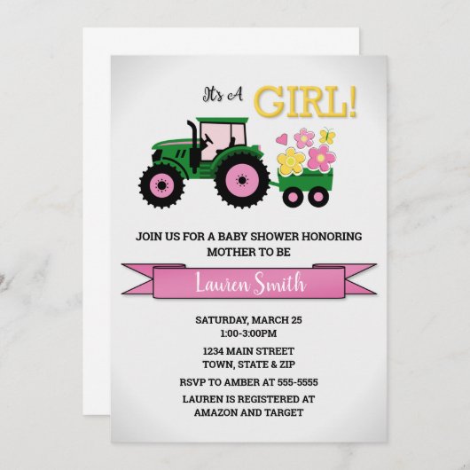 Traktor Girl Babydusche Einladung, rosa Traktor Einladung (Vorne/Hinten)