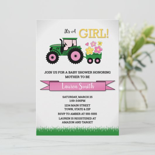 Traktor Girl Babydusche Einladung, rosa Traktor Einladung (Stehend Vorderseite)