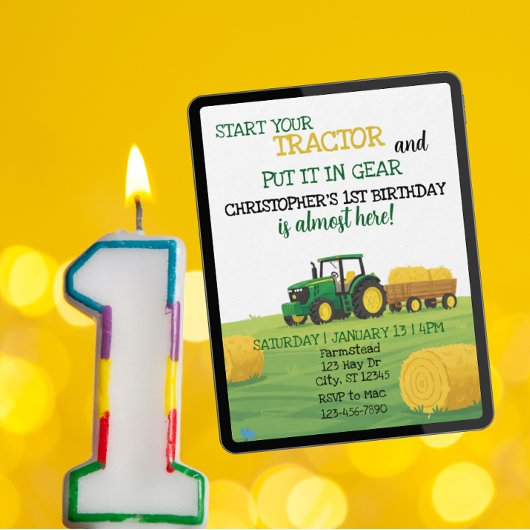 Traktor im Gang, 1. Geburtstag Einladung
