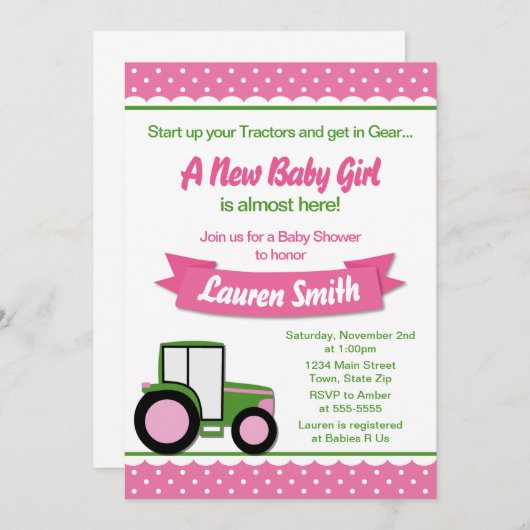 Traktor-Mädchen-Baby-Duschen-Einladungs-12x18 Einladung (Vorne/Hinten)