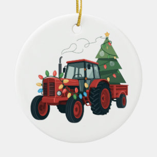 Traktor mit Anhänger Santa Farm Bauer Weihnachten Keramik Ornament