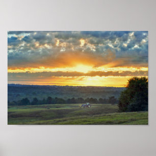 Traktor mit Haybale, Texas Ranch Sunrise Poster
