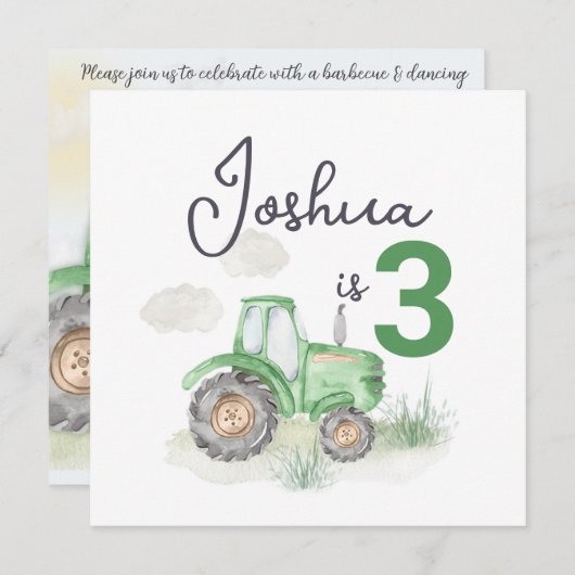 Traktor-Thema 13,3 cm x 13,3 cm Einladung (Vorne/Hinten)