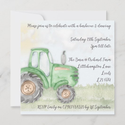 Traktor-Thema 13,3 cm x 13,3 cm Einladung (Rückseite)