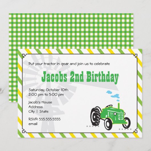Traktor zum Geburtstag Einladung (Vorne/Hinten)