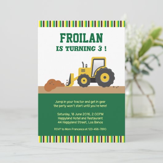 Traktorbaustreifen Geburtstagseinladung Einladung (Stehend Vorderseite)