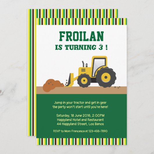 Traktorbaustreifen Geburtstagseinladung Einladung (Vorne/Hinten)