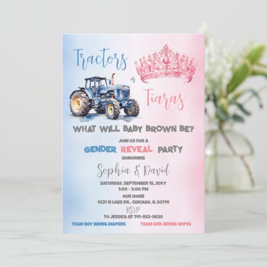 Traktoren oder Party zur Aufdeckung der Geschlecht Einladung (Stehend Vorderseite)