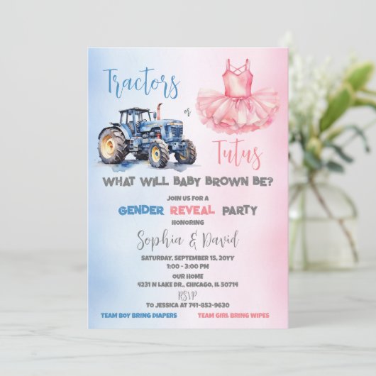 Traktoren oder Tutus Gender Reveal Party Einladung (Stehend Vorderseite)
